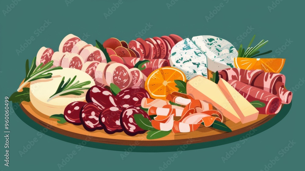 Scene of an antipasto platter with cured meats and cheeses flat design ...