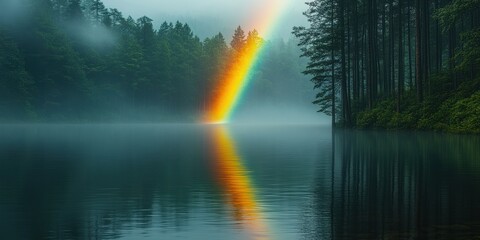 Poster - A Rainbow Arcing Over a Misty Lake in a Forest