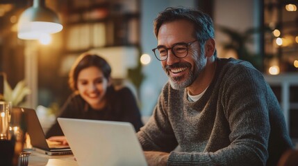 Canvas Print - Man and Woman Working on Laptops in Cozy Environment