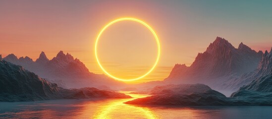 Wall Mural - Mystical Mountain Sunset with Glowing Circle