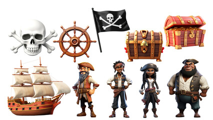 PNG 3D pirate element set, transparent background