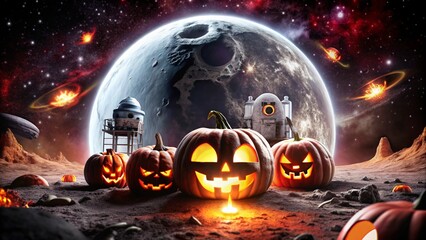 Halloween in Space background for advertising Holiday Pumpkin ghost witch candy mask black cat skeleton vampire zombie bat costume spider web cemetery full moon haunted house horror spell darkness blo