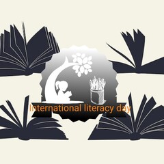 International literacy day banner. Banner with books background