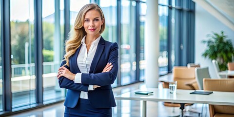 Professional female executive wearing a tailored navy blue blazer, crisp white blouse, and matching pencil skirt, exuding confidence and authority in a modern office setting.