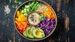 © Darya - A colorful Buddha bowl showcases an array of fresh vegetables, quinoa, and tahini dressing. This healthy meal adheres to vegan and gluten-free dietary requirements, perfect for wellness