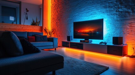 Vibrant gamer living room featuring a sleek modern couch, colorful LED lights creating a dynamic ambiance, and a wide-angle view showcasing a high-tech entertainment setup with a large screen 