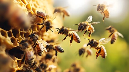 Wall Mural - Honey Bees Buzzing Around a Honeycomb