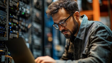 Wall Mural - Man working in a server room