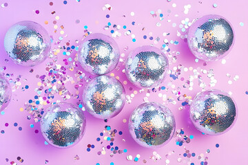 flat lay many silver shiny disco balls and holographic confetti on a pastel purple background