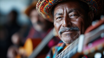 A close-up view of talented musicians wearing bright, colorful hats as they strum their guitars, creating harmonious melodies that evoke feelings of joy and festivity.