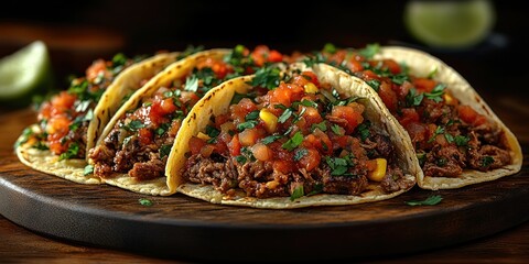 Close-up of Four Soft Tacos with Ground Beef, Tomatoes, Onions, and Cilantro