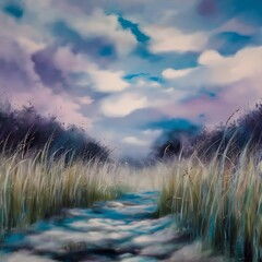 Wall Mural - Abstract blurred blue sky, meadow and ground background.