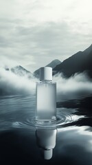 atmospheric light cinematic shot of white perfume dark mountainwater grey colorgrading fine art film