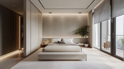 Imagine the minimalist style of a bedroom with clean lines and a neutral color palette 