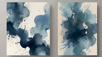 Wall Mural - Set of 3 Delicate Abstract Watercolor Style Vector Layouts. Light Beige and Blue Paint Stains on a White Background. Pastel Color Stains and Splatter Print Generative AI