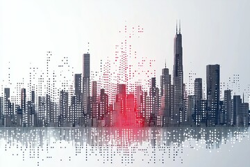 Wall Mural - A stylized city skyline, with buildings highlighted in red