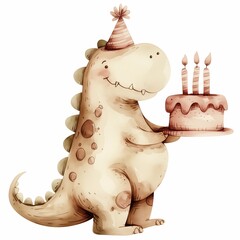 Cute dinosaur celebrating a birthday with a cake and candles in a whimsical style