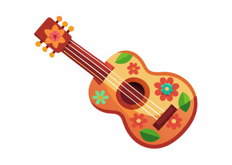 Wall Mural - Colored ukulele. The tool is brown, decorated with flowers. Musical instrument. Relaxation, hawaii, melody. Flat vector illustration isolated on white background
