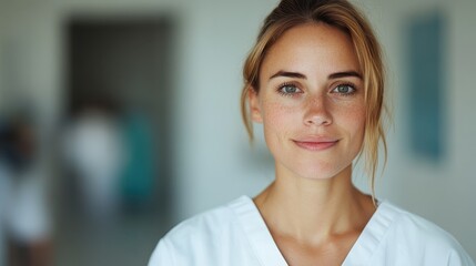 a female nurse with light blonde hair and freckles smiles warmly, dressed in a white uniform and sta