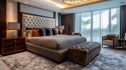 Wall Mural - Lavish luxury bedroom with a grand bed custom made nightstands and plush carpeting creating a serene high end sanctuary for relaxation and rest