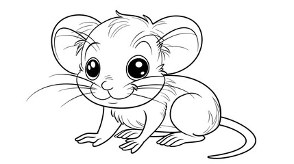 Adorable black and white cartoon illustration of a mouse sitting with large ears and a curly tail, ideal for children's coloring books, animal-themed projects, or creative designs.