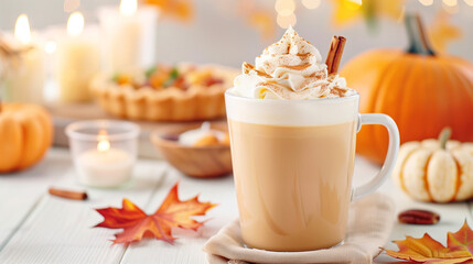 Coffee with whipped cream and pumpkin autumn decoration with candles and fall leaves cozy beverage scene