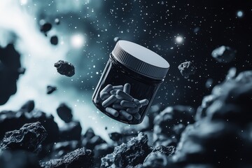 A black supplement jar with capsules floating amidst dark rocks and abstract particles in a futuristic space setting.