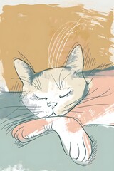 Wall Mural - A cozy cat napping subtly outlined in dreamy pastel tones AI generated