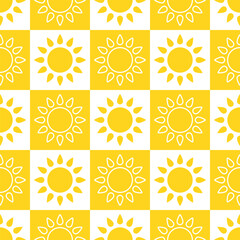 Wall Mural - Yellow sun cons on white checkered background. Vector seamless pattern.