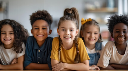 A group of cheerful, diverse children leaning on a table and smiling at the camera. The image highlights friendship, diversity, and joy in a classroom or home setting.