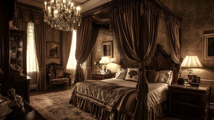 Wall Mural - Luxurious and Opulent Bedroom Oasis with a Majestic Canopy Bed Flowing Silk Curtains and a Breathtaking Crystal Chandelier Overhead Creating an Atmosphere of Refined Sophistication and Grandeur