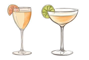 clipart set of two glasses of gin and tonic / martini with olive isolated on a transparent background, watercolor drinks clipart illustration	