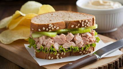 Wall Mural - A classic tuna salad sandwich with albacore tuna, mayonnaise, celery, and a hint of lemon, served on whole wheat bread with a handful of potato chips.