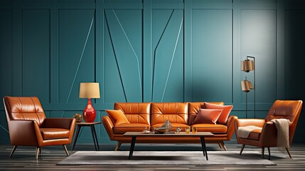 Canvas Print - Modern interior of lounge and living room design and blue wall background 