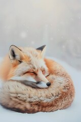 Wall Mural - A minimalist fox curled up against a pastel winter background AI generated