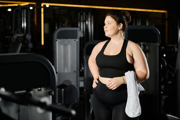 Wall Mural - A confident plus-size woman exercises in her active wear, celebrating strength and body positivity.