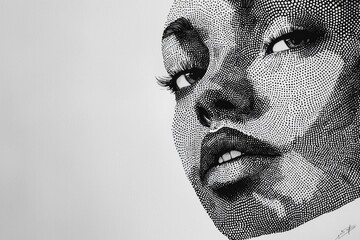 Wall Mural - Minimalistic black-and-white portrait of a face, where the facial features are created using dotted patterns. 