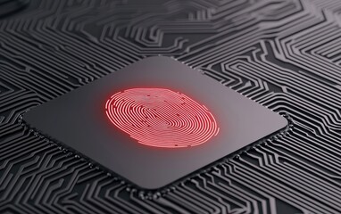 A futuristic fingerprint scanner on a black circuit board, symbolizing security, technology, and modern identity verification.