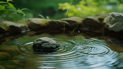 Wall Mural - A pebble causing ripples in a serene still pond   AI generated illustration