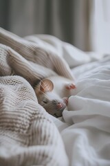 Wall Mural - A pet mouse nestled comfortably in minimalist bedding   AI generated illustration