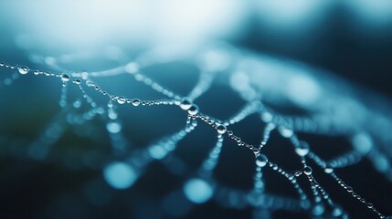 A detailed macro shot capturing the intricate beauty of a spider web adorned with dew drops, highlighted by blue hues, symbolizing precision and nature's artistry.