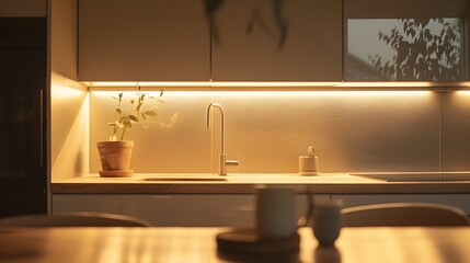 Wall Mural - A Scandinavian minimalist kitchen with warm tones and soft lighting   AI generated illustration