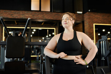 Wall Mural - A young woman in plus-size active wear exercises at the gym, celebrating her body and strength.