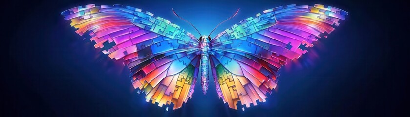 A vibrant butterfly made of fragmented jigsaw pieces, wings glowing with iridescent colors, surreal, highly detailed, digital painting