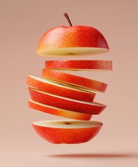 Wall Mural - A vibrant red apple artistically sliced, showcasing its fresh interior, ideal for health and food-related content.