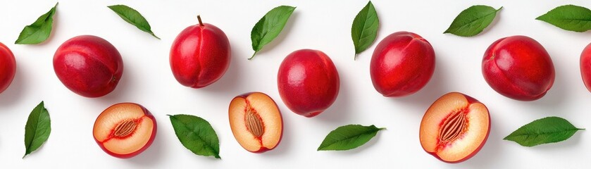 Poster - Fresh and vibrant red plums arranged with green leaves on a white background, perfect for wellness and seasonal cuisine visuals.