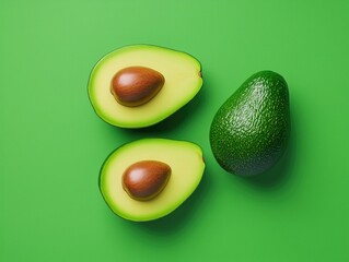 Fresh avocados on a vibrant green background, showcasing creamy texture and delicious flavor, perfect for healthy recipes.