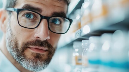 Wall Mural - a man with a beard and glasses is shown intensely studying something in a medical laboratory setting