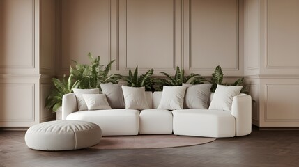 Wall Mural - An interior living room with a white sofa and a round pouf. The room has beige walls and a dark brown wooden floor. A lot of plants.