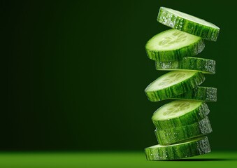 Wall Mural - Fresh cucumber slices stacked elegantly against a green background, showcasing vibrant color and healthy texture.